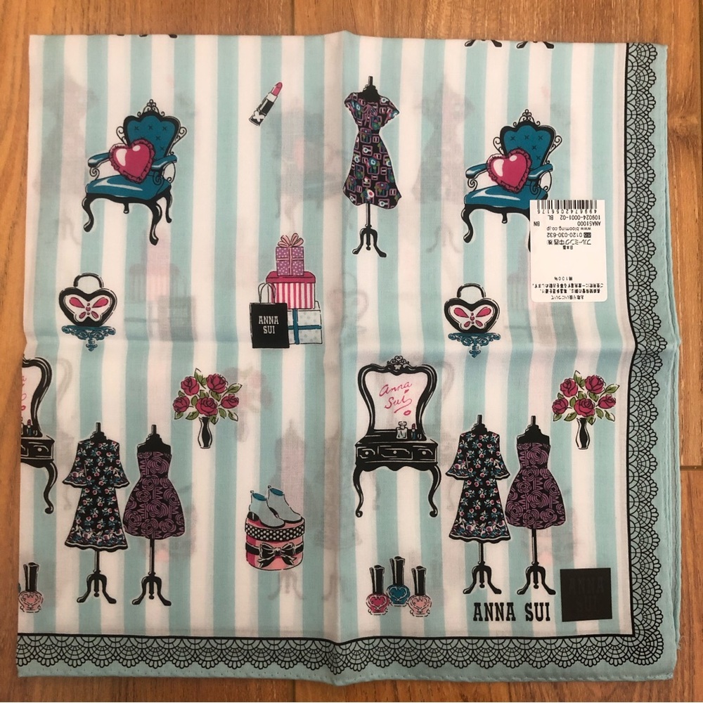 New Anna Sui Cotton Scarf Handkerchief Bandana Blue Stripe Boutique Make Up
